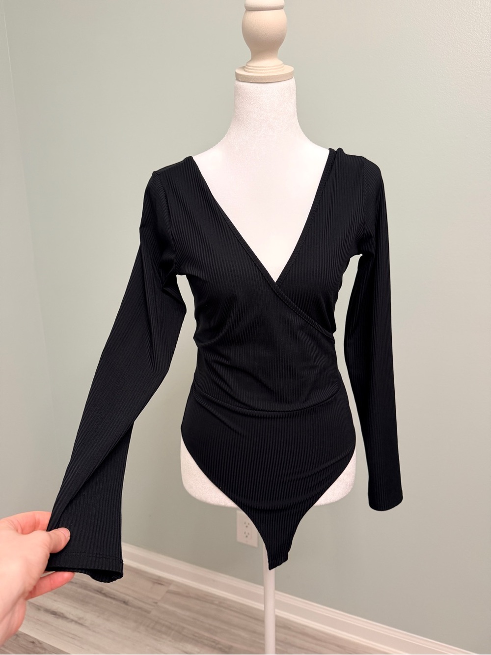 Black Ribbed Wrap-Front Bodysuit
